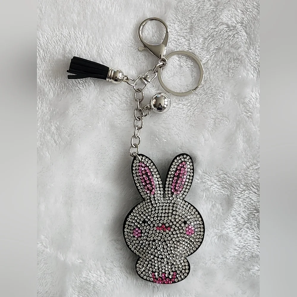 Cute Rhinestone Bunny Keychain with Pink Accents Easter Spring Bag Charm